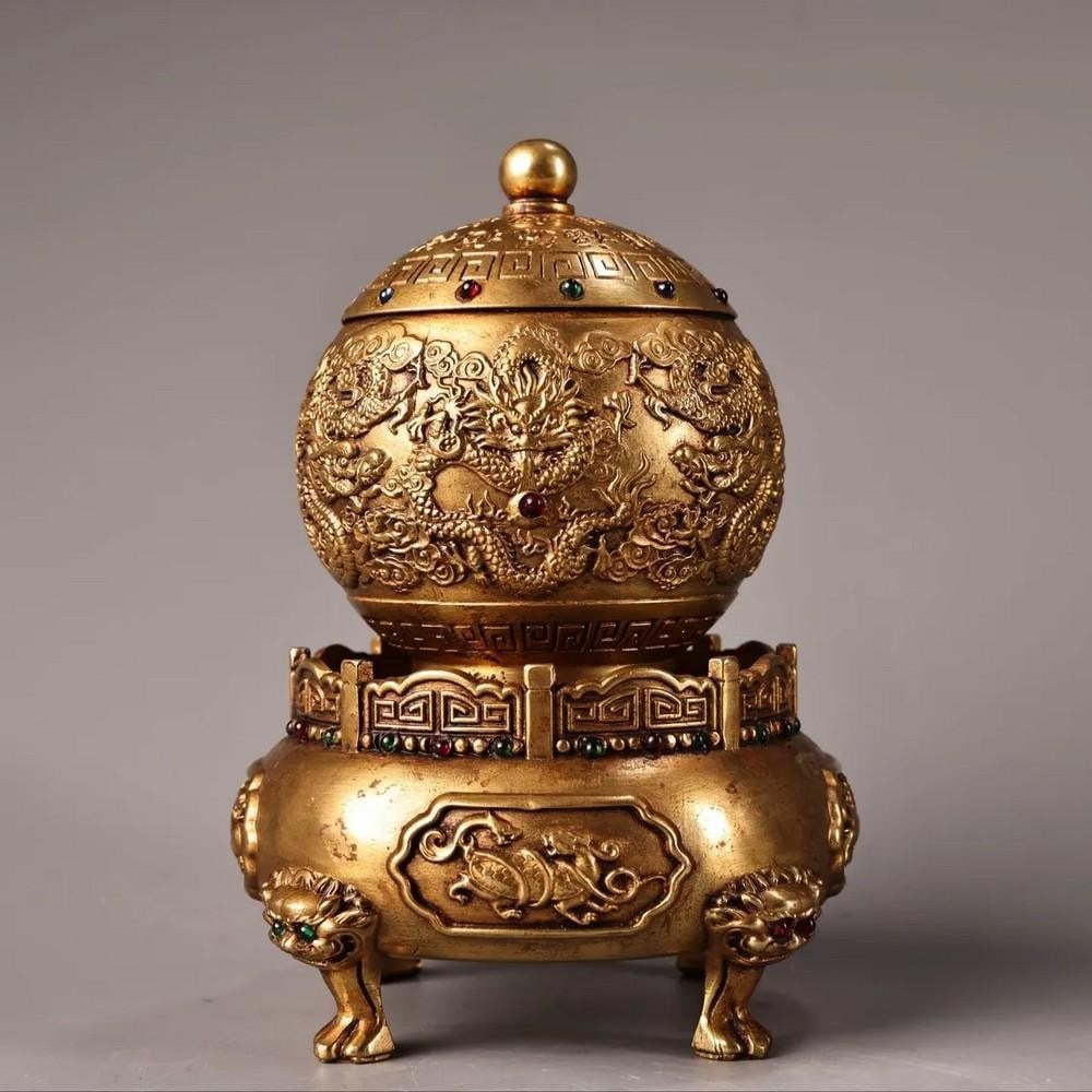 Exquisite Chinese Antique Handmade Pure Copper Fortune Incense Burner with High Relief Engraving (1 of 6)