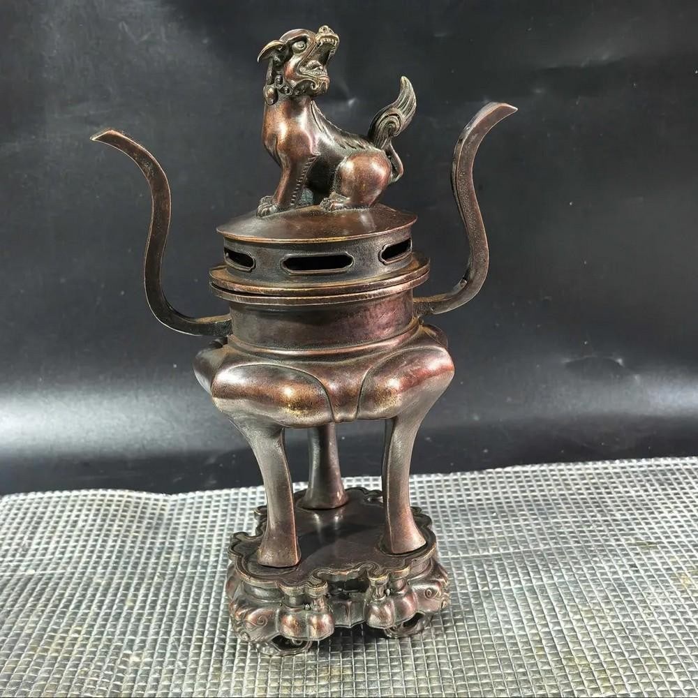 Exquisite Chinese Antique Handmade Rare Pure Copper Auspicious Beast Double-Eared Tripod Incense (1 of 4)