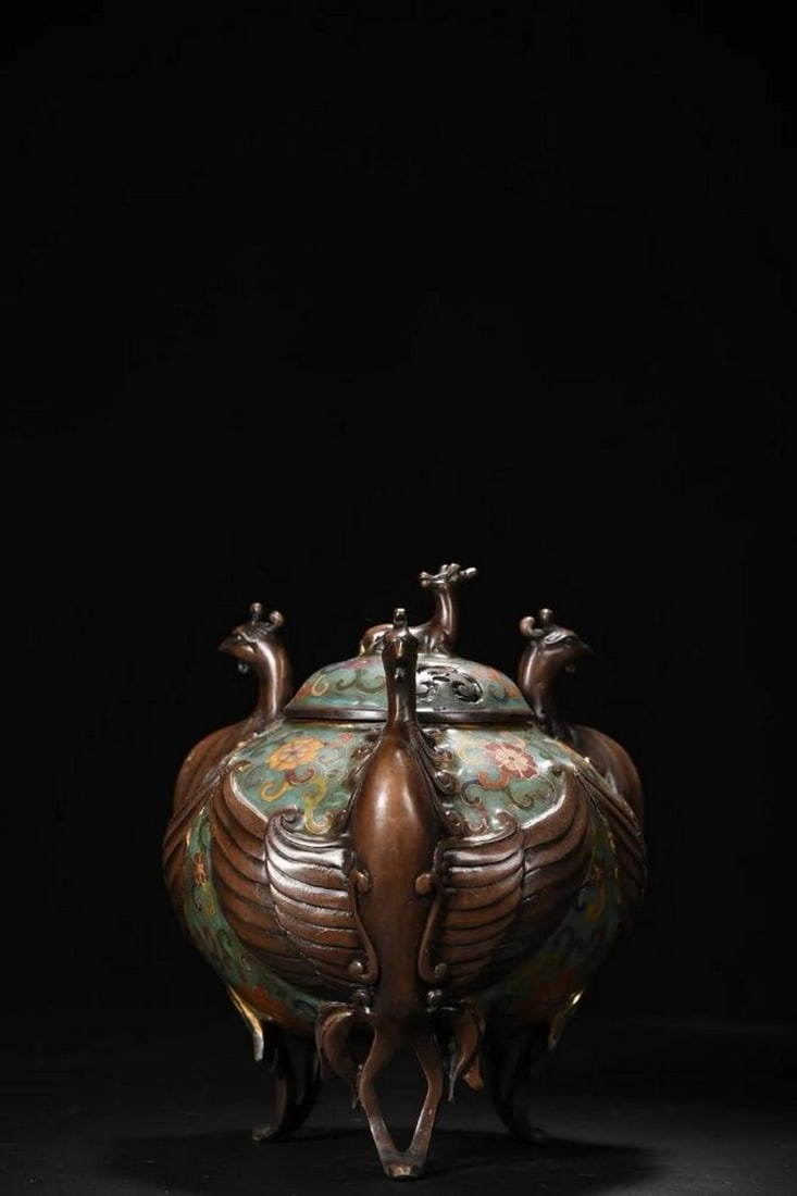 Exquisite Chinese Antique Handmade Rare Pure Copper Cloisonné Phoenix Incense Burner (1 of 6)