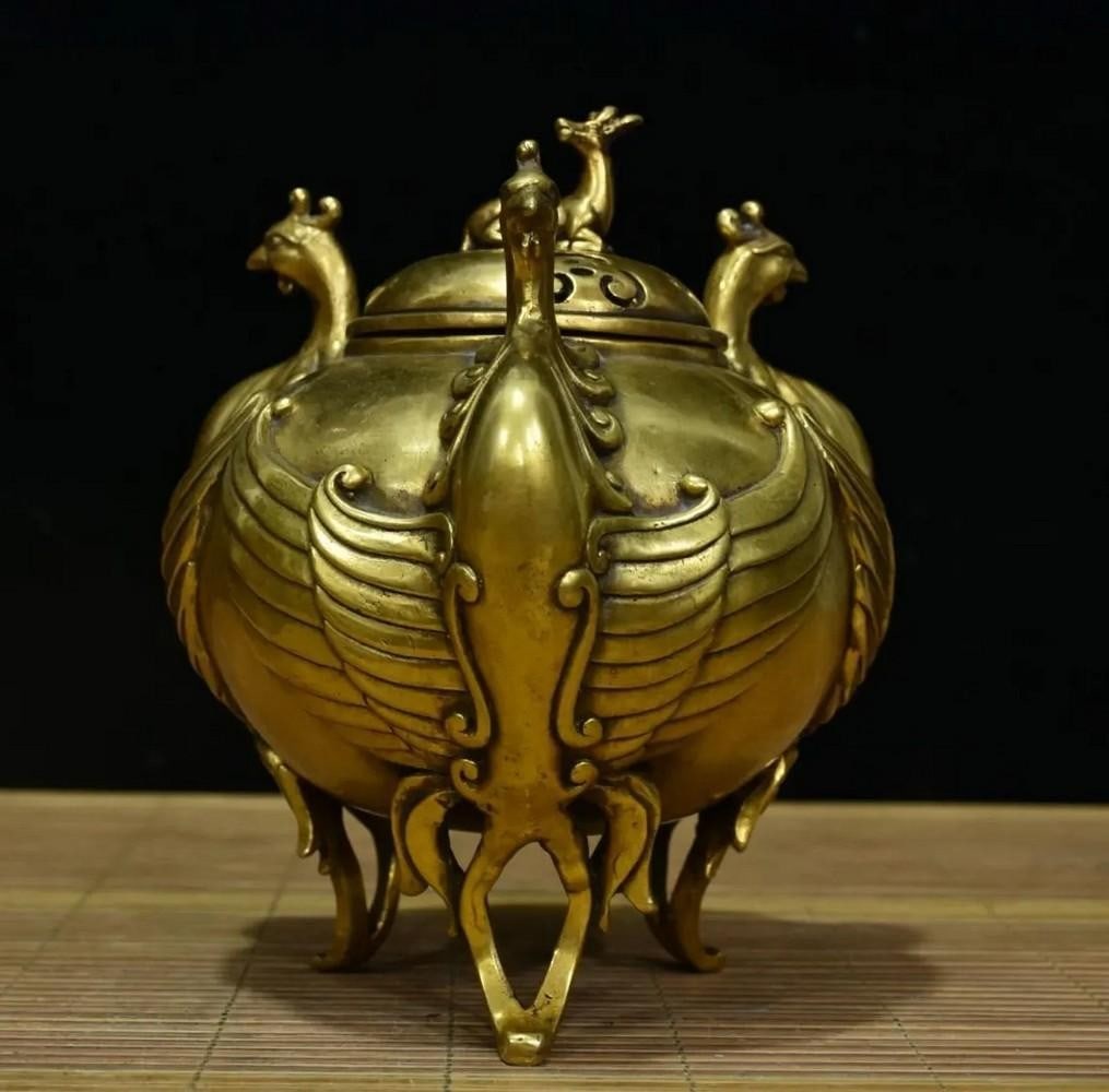 Exquisite Chinese Antique Handmade Rare Pure Copper Three Phoenix Incense Burner (1 of 5)