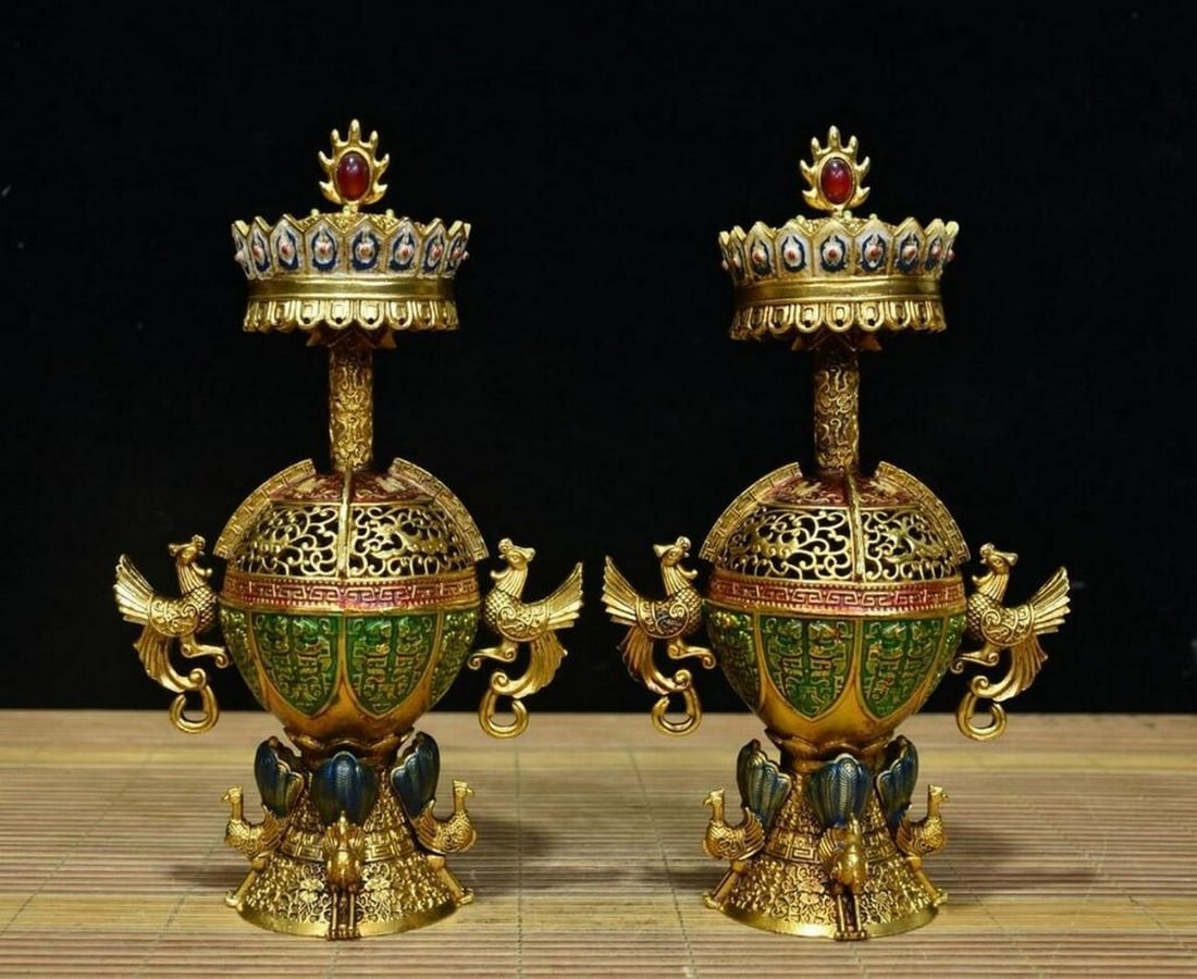 Pair of Rare Chinese Handmade Pure Copper Enamel Phoenix-Head Spherical Vases (1 of 5)