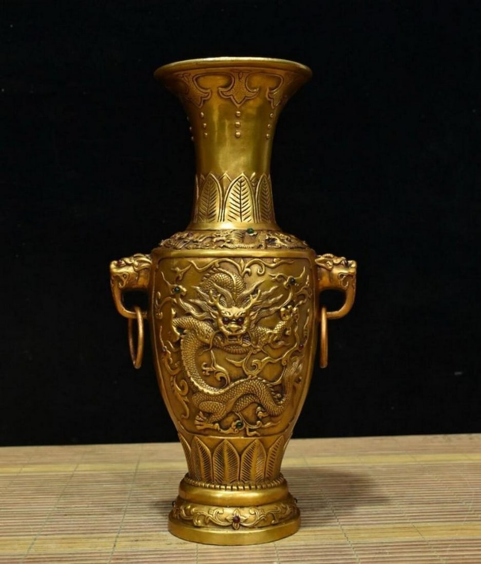 Rare Chinese Antique Handmade Pure Copper Vase with Inlaid Gemstones and Double Lion-Dragon Head (1 of 6)