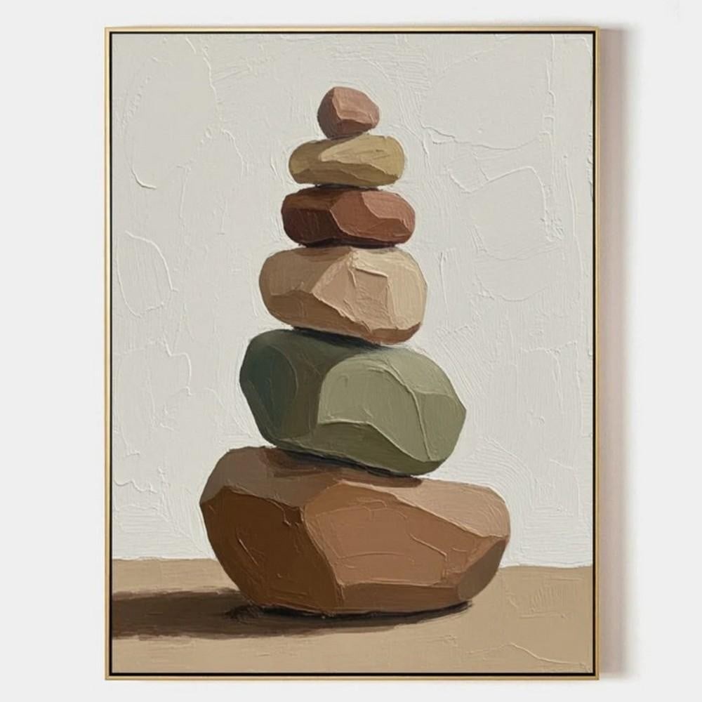 Stacked Rock Abstract Canvas Painting: Stacked Rock Abstract Canvas Painting Invite balance and calm into your space with "Harmony in Stone," a stacked rock abstract canvas painting that celebrates nature’s quiet strength. Featur