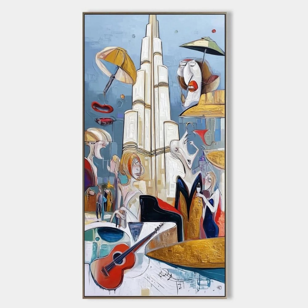Surreal Musical Cityscape Canvas Painting: Surreal Musical Cityscape Canvas Painting This imaginative artwork blends urban architecture with whimsical musical motifs in a vibrant, dreamlike composition. A towering white skyscraper rises at the