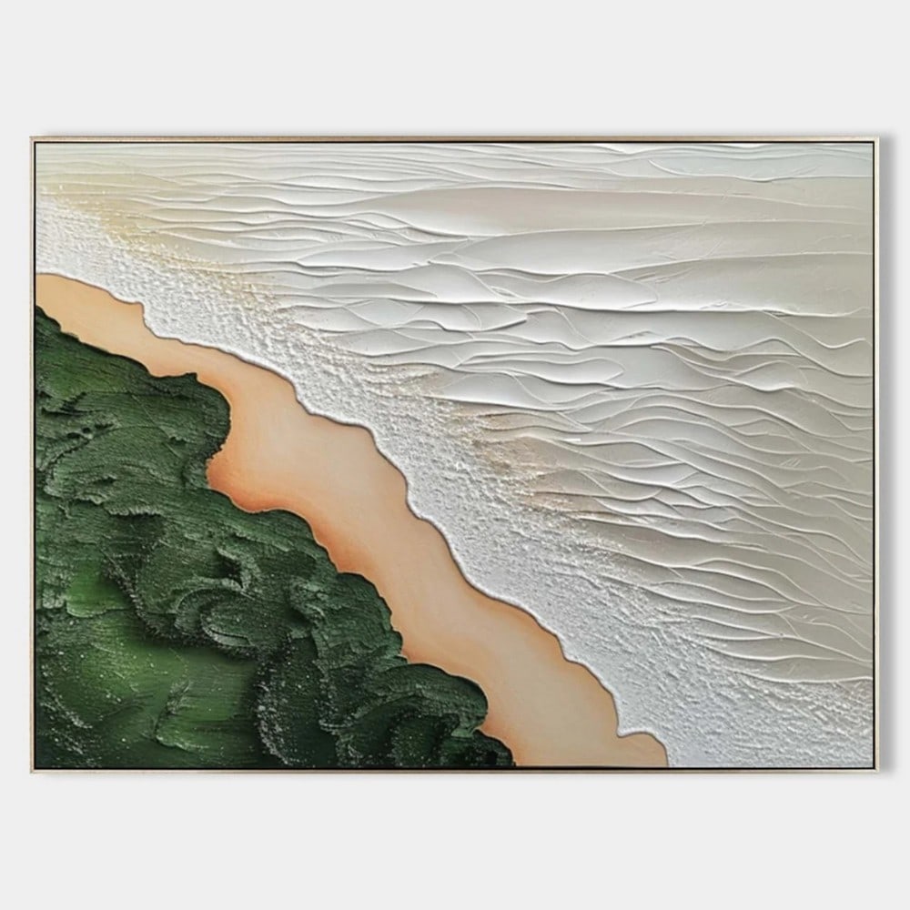 Abstract Coastal Landscape Canvas Painting: Abstract Coastal Landscape Canvas Painting This textured artwork offers a striking aerial view of a natural shoreline. On the left, dense forest is rendered in deep green tones, transitioning into a n