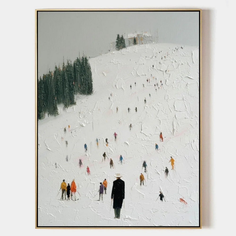 Snowy Hilltop Canvas Painting: Snowy Hilltop Canvas Painting This lively winter scene captures the joyful energy of a snow-covered hillside dotted with colorful figures. Skiers and snow-goers scatter across the slope, their vibrant