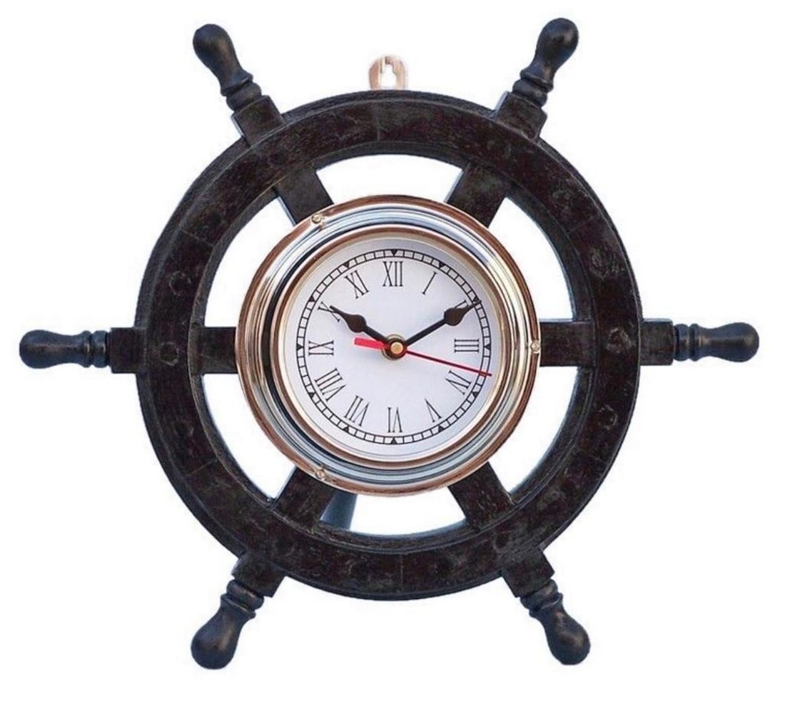 12" Deluxe Class Wood and Chrome Pirate Ship Wheel Clock (1 of 5)