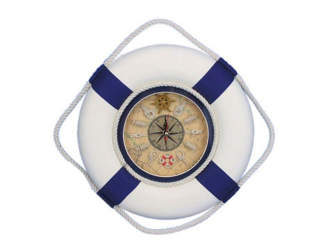 12" Timeless White Nautical Lifering Wall Clock with Blue Bands: 12" Timeless White Nautical Lifering Wall Clock with Blue Bands Immerse yourself in the maritime allure of our Lifering Clock—a perfect blend of functionality and grace that sets a nautical