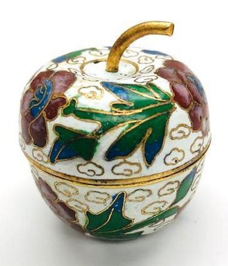 Asian Cloisonne & Enameled Floral Decorated Apple with Lid: An Asian Cloisonne & Enameled Floral Decorated Apple with Lid. A Design That Is Inspired From The Story Of Adam & Eve. White Red & Green Coloring Makes A Bold Statement & Catches The