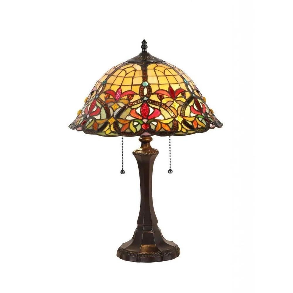 Tiffany-Inspired Victorian Design Two-Light Table Lamp: Tiffany-Inspired Victorian Design Two-Light Table Lamp This handcrafted Tiffany-style table lamp features an intricate Victorian-inspired motif made from over 520 hand-cut pieces of art glass. Warm t