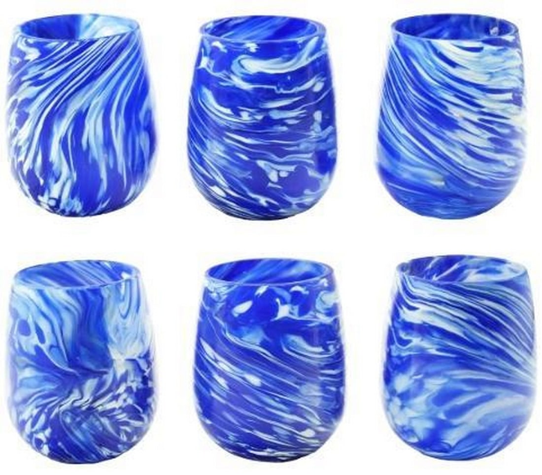 Set of 6 Blue Murano Glass Drinking Glasses: Set of 6 Blue Murano Glass Drinking Glasses This elegant set of six Murano glass drinking glasses features rich blue glass adorned with unique white wave-like line patterns, each glass showcasing its
