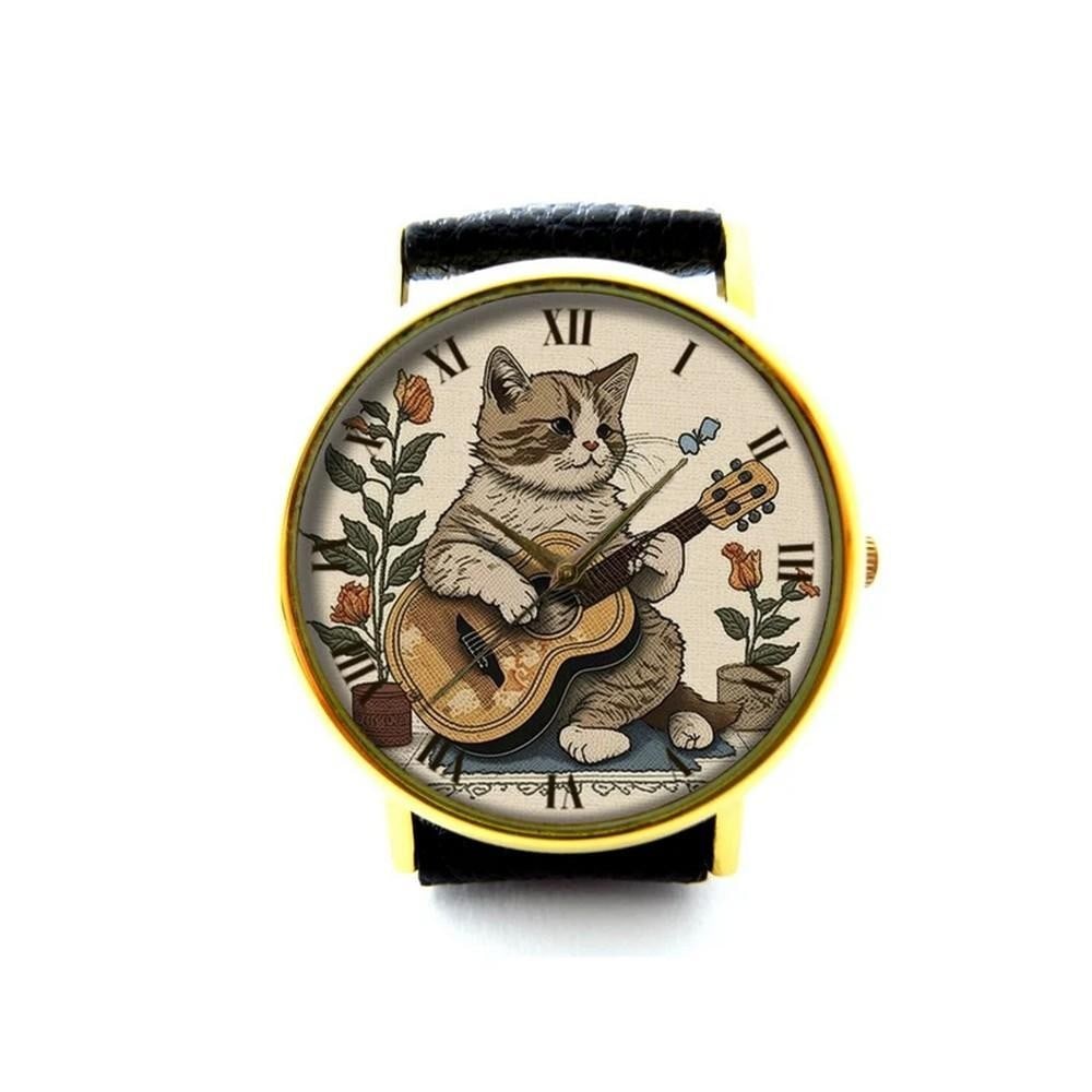 Unique Musical Cat Watch – Guitar-Playing Cat Dial with Gold Bezel & Black Leather Band (1 of 2)