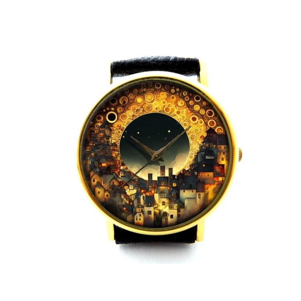 Unique Celestial Cityscape Watch – Moon & Skyline Dial with Gold Bezel & Black Leather Band: Unique Celestial Cityscape Watch – Moon & Skyline Dial with Gold Bezel & Black Leather Band A visually stunning timepiece that blends urban architecture with cosmic wonder. This unique wris