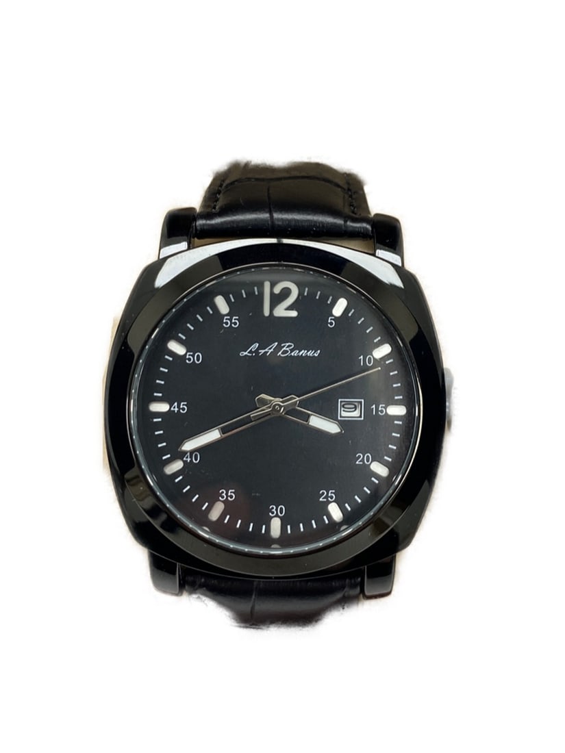 Mens L.A Banus Midnight Black Gloss Finish & Genuine Leather Band Watch (1 of 3)
