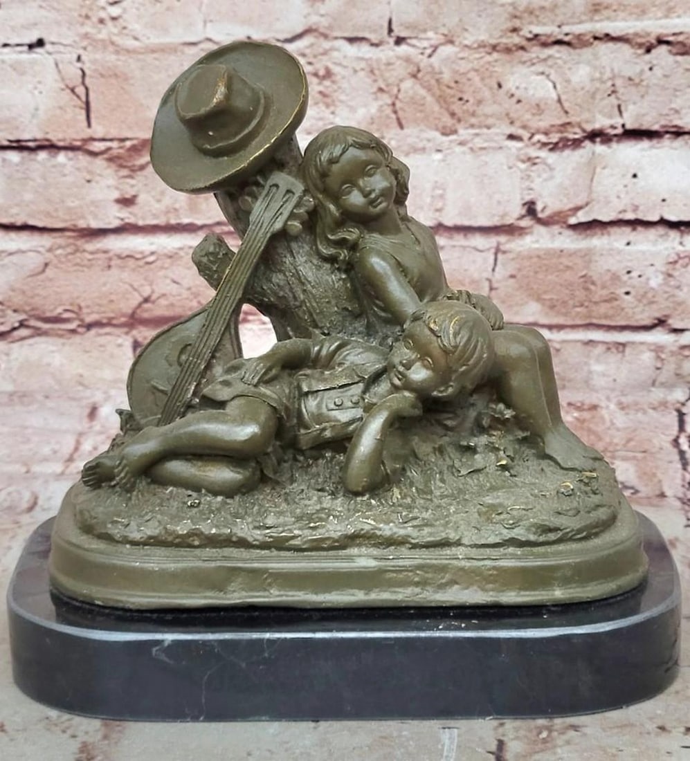 Childhood Harmony by the Tree Bronze Sculpture: Childhood Harmony by the Tree Bronze Sculpture This heartwarming bronze sculpture captures a serene moment of friendship and rest between two children. One child sits peacefully, leaning against a we