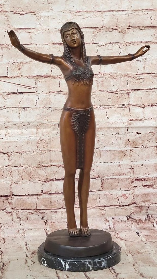 Chiparus Bronze Sculpture of Egyptian Dancer Woman with Outstretched Arms – 21" x 15": Chiparus Bronze Sculpture of Egyptian Dancer Woman with Outstretched Arms – 21" x 15" Reproduction bronze sculpture inspired by Demetre Chiparus, depicting an Egyptian dancer in a dynamic p