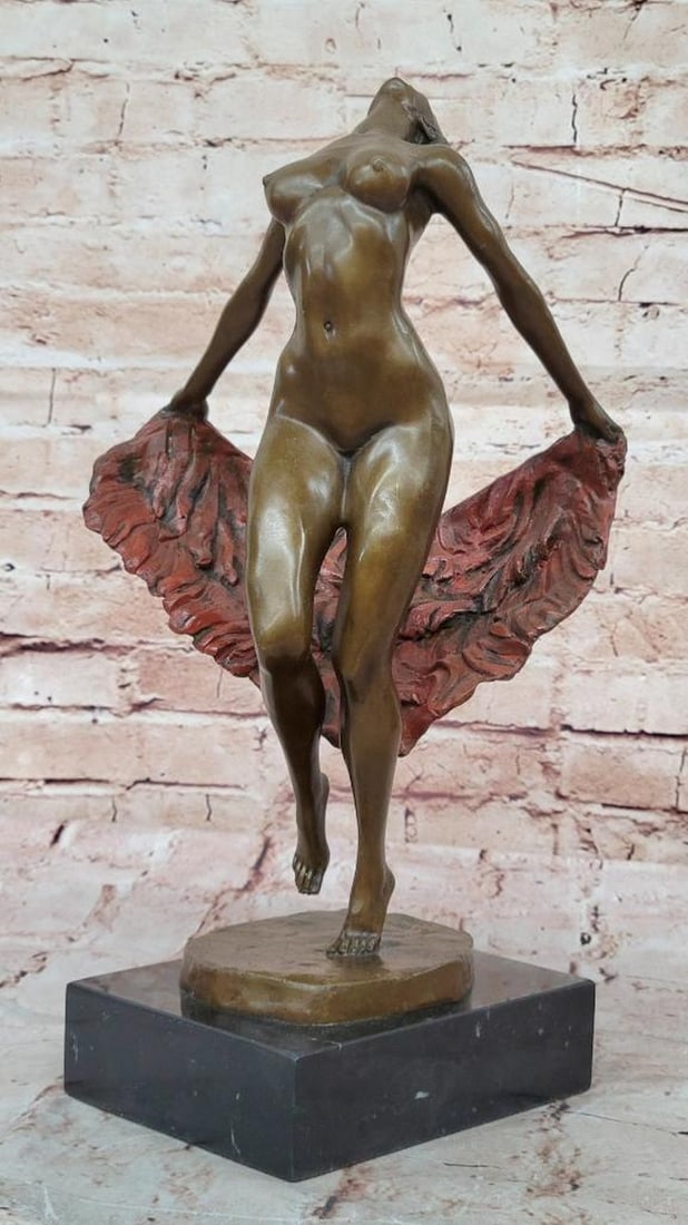 Signed Original Bronze Sculpture - Graceful Nude Female Dancer with Sash by P. Delor - 15" x 9": Signed Original Bronze Sculpture - Graceful Nude Female Dancer with Sash by P. Delor - 15" x 9" Celebrate the dynamic beauty of the female form in motion with this striking bronze sculpture,