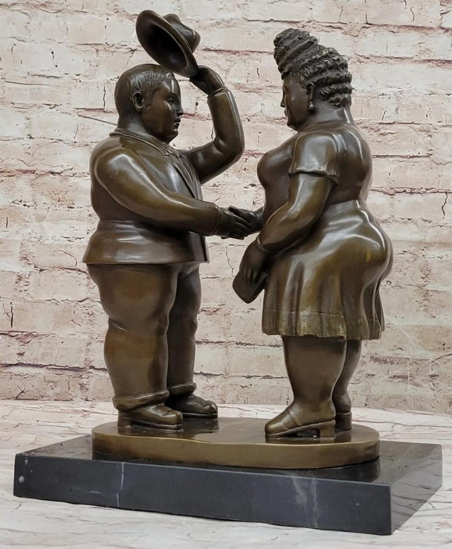 Courting" Inspired Bronze Sculpture by Botero - 15" x 11: "Courting" Inspired Bronze Sculpture by Botero - 15" x 11" "Courting," a captivating bronze sculpture by renowned artist Botero, showcases a robust man respectfully removing h