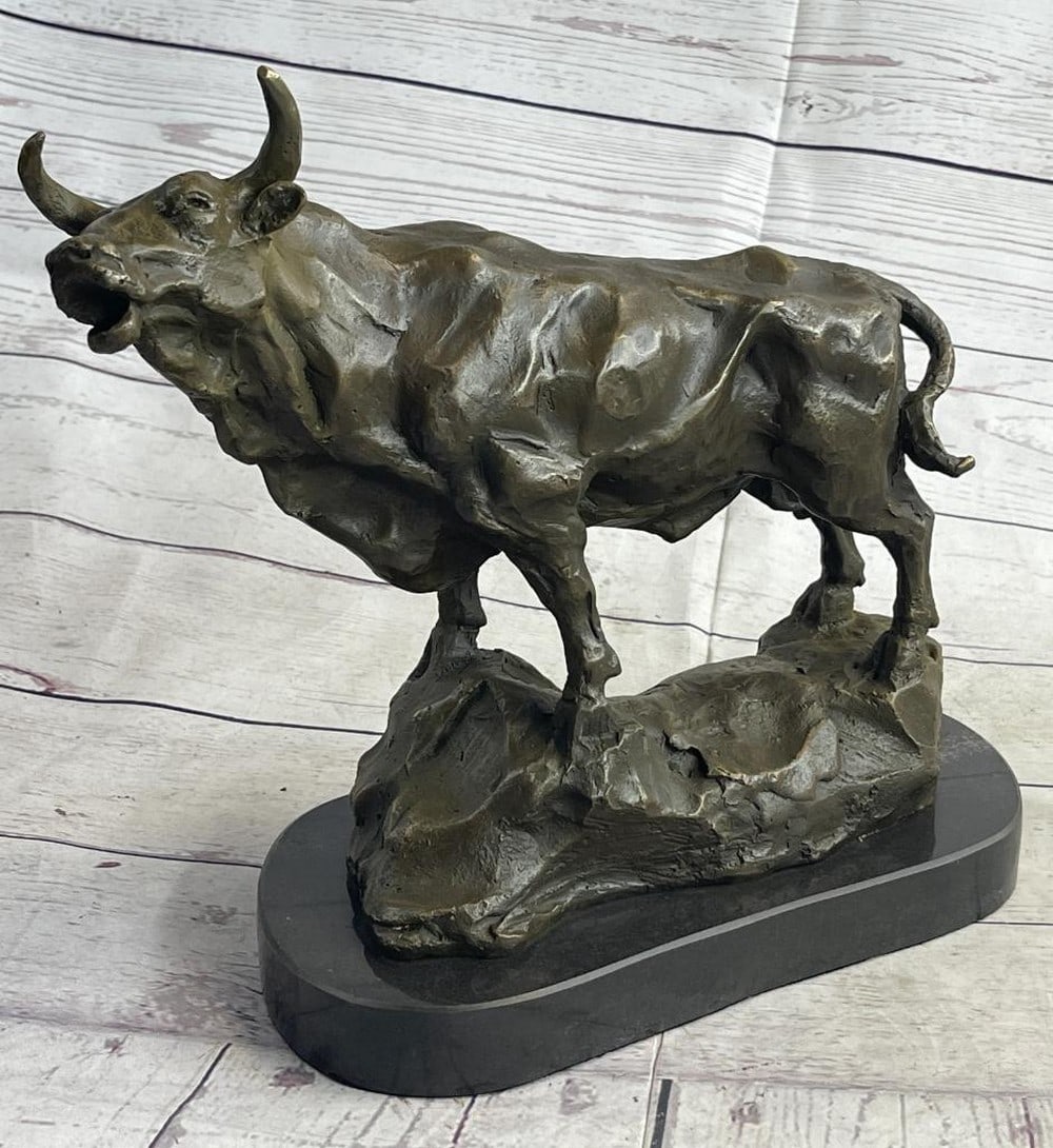 Barye Inspired Roaring Bull Bronze Sculpture On Marble Base - 11.5" x 12" (1 of 7)