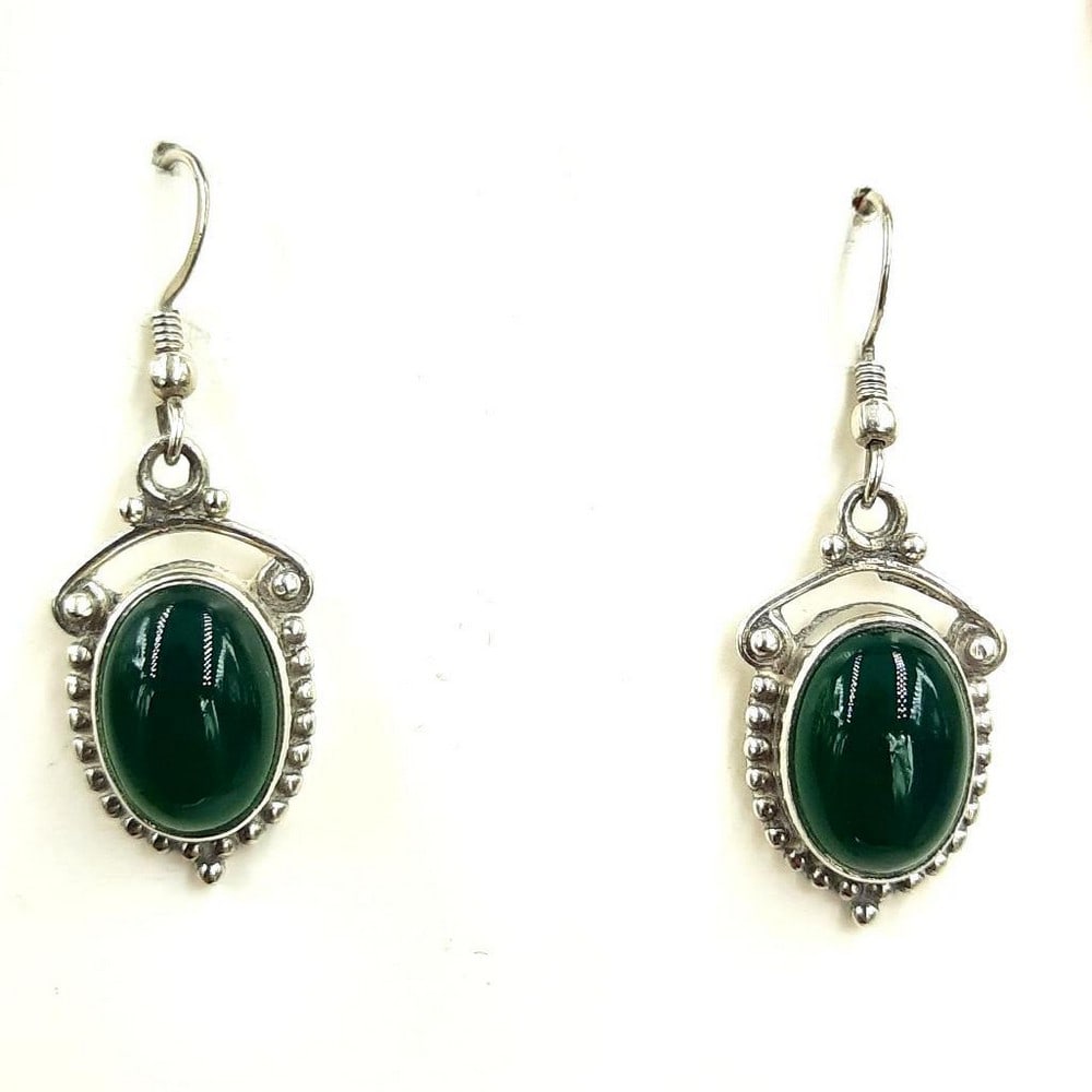 Green Agate Oval Cabochon Earrings: Green Agate Oval Cabochon Earrings These earrings are sterling silver and are feature a gorgeous deep green agate stone. View Photos For Further Details.
