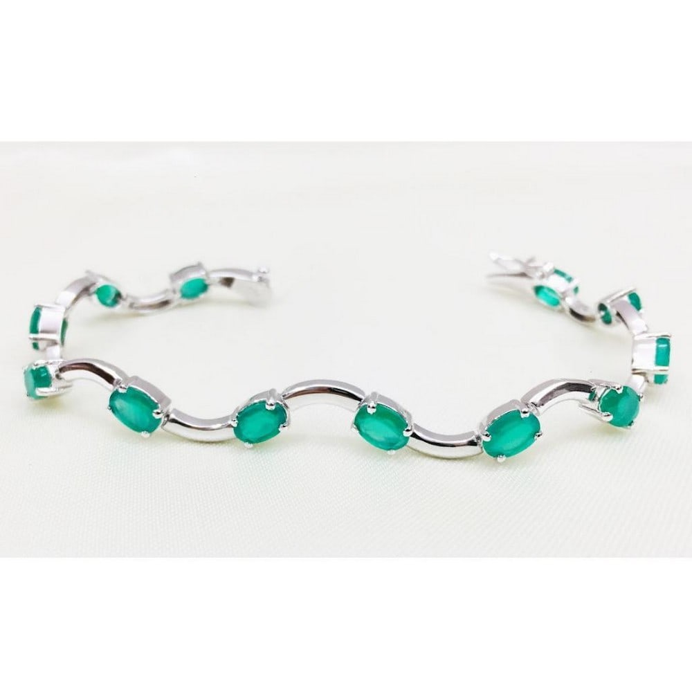 925 Sterling Silver Bracelet Studded with Green Onyx Oval Faceted Gems (1 of 2)