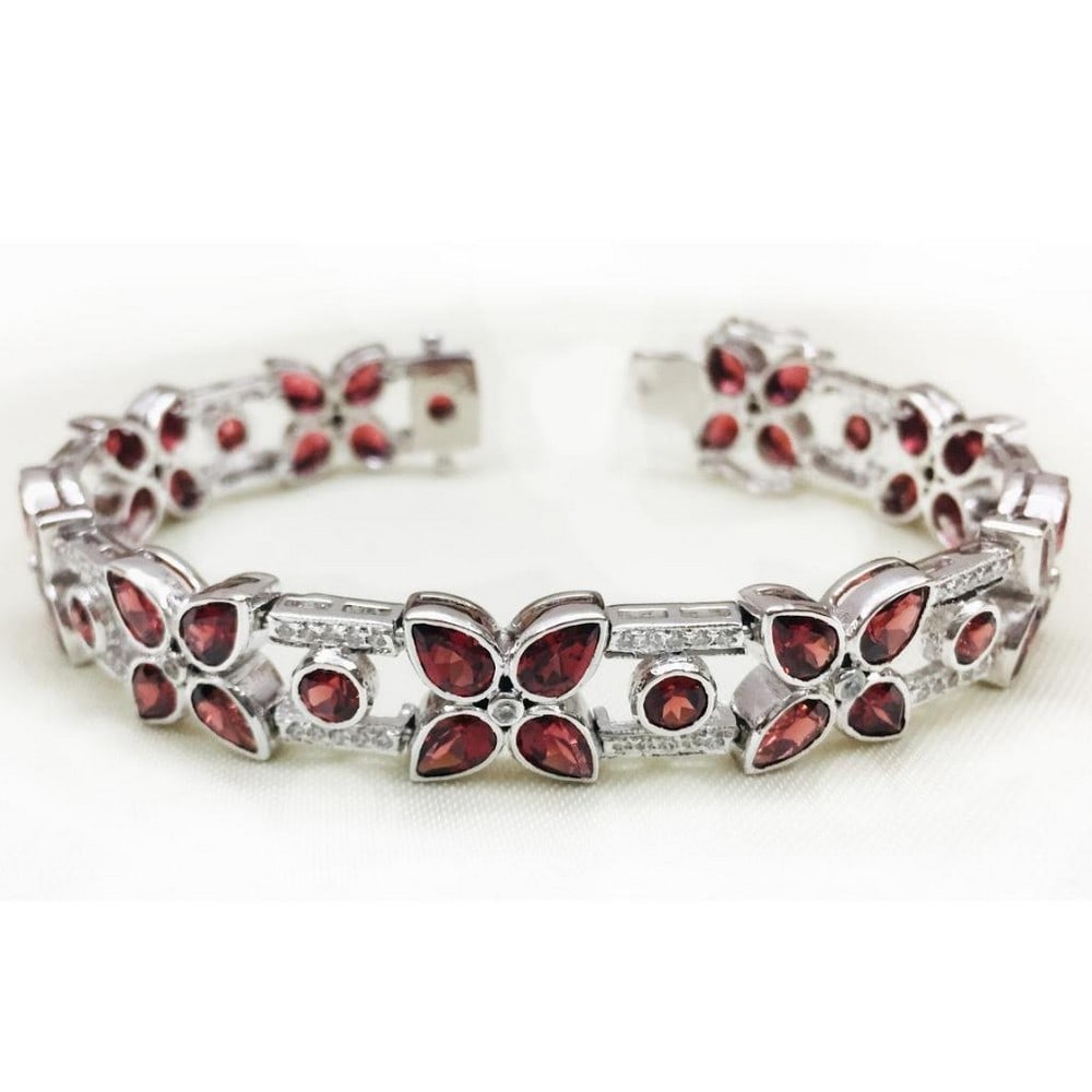 925 Sterling Silver Bracelet Studded with Garnet and Zirconia Gems (1 of 1)