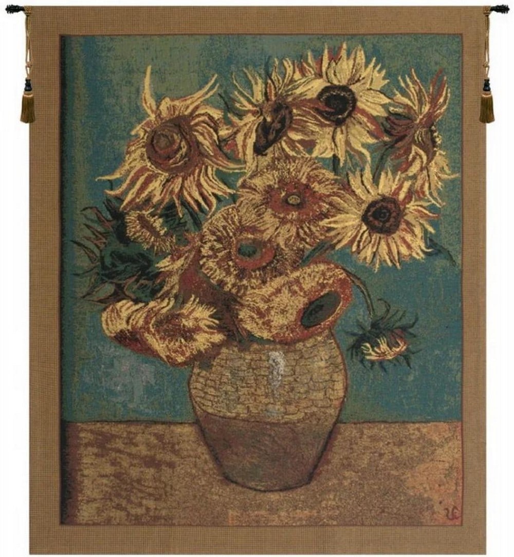 Golden Sunflowers I Belgian Wall Tapestry: Golden Sunflowers I Belgian Wall Tapestry This woven wall tapestry features imagery inspired by Vincent van Gogh’s iconic Sunflowers. The composition depicts vibrant sunflowers arranged in a vase at