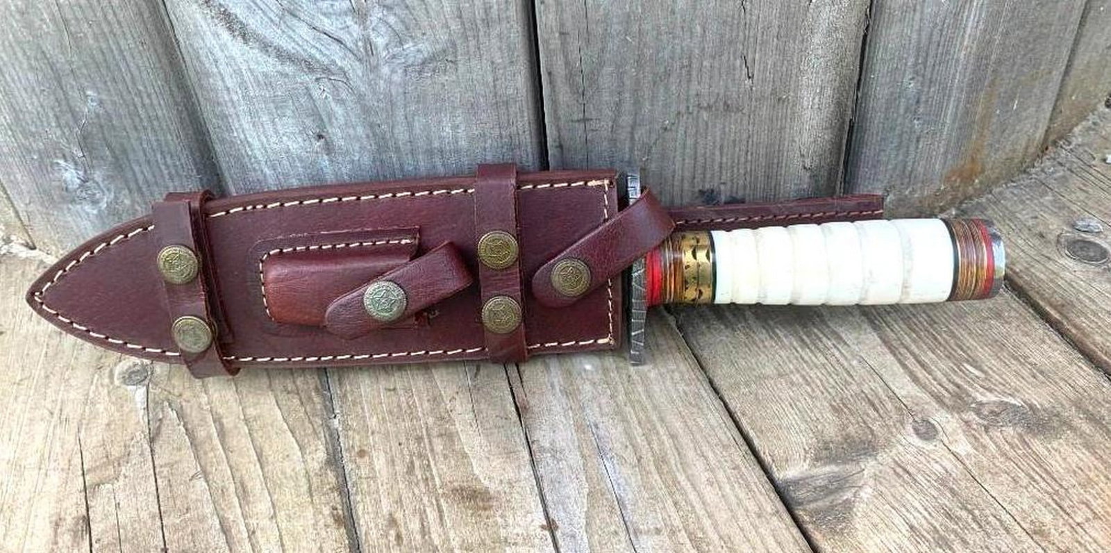 The Last Rites Damascus Dagger: Custom Handmade Damascus Steel Dagger Hunting Dagger Knife Handle Camel Bone with Brass Spacer Damascus Steel Blade with 256 Layers on it. HARDNESS 56-60 H R C VERY HIGH QUALITY GENUINE LEATHER