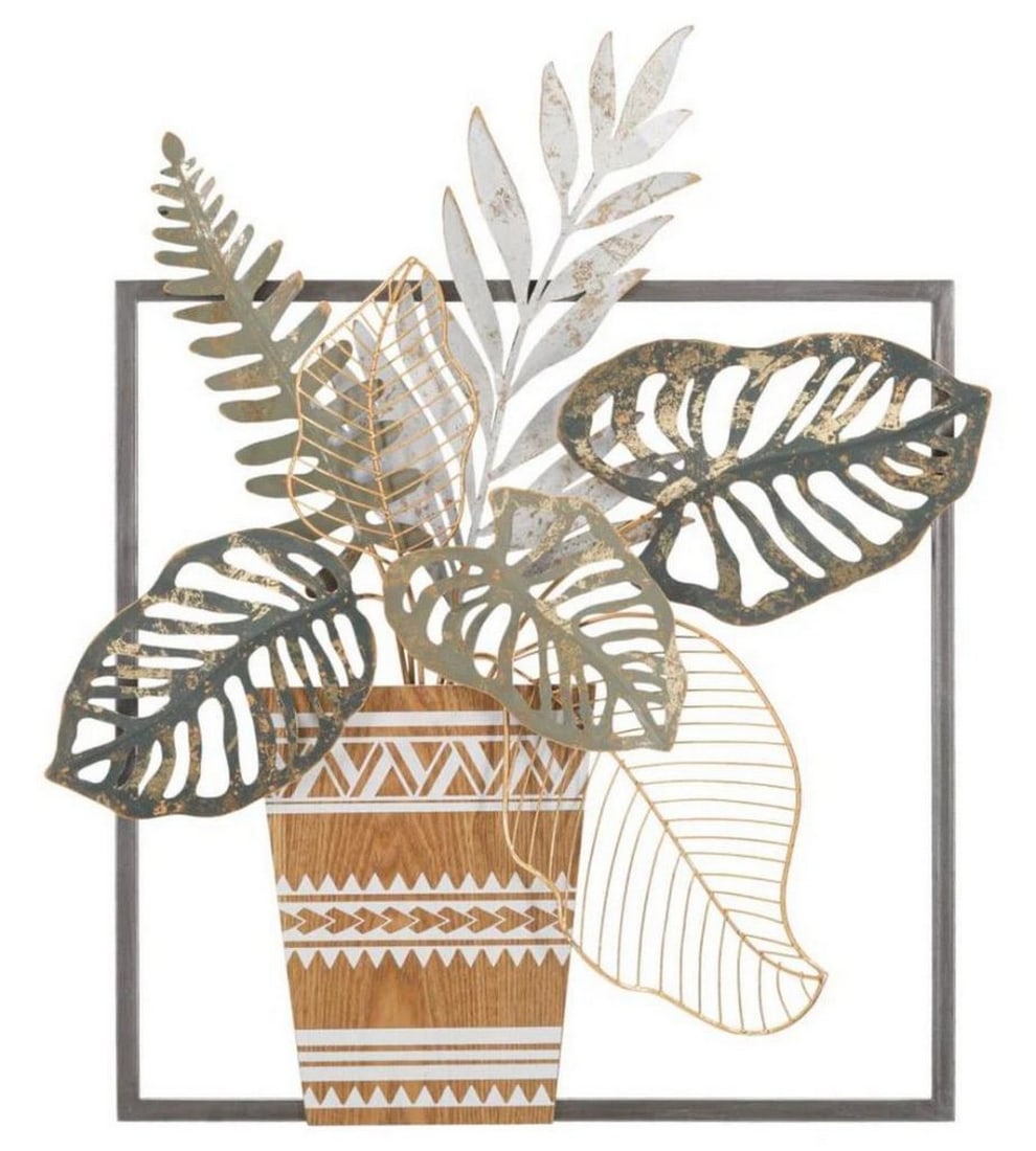 Tropical Leaves Wall Panel: Tropical Leaves Wall Panel A 3D decorative wall panel featuring a metal vase with tropical leaves, set within a square wooden frame. The layered design creates depth and texture, making it a refreshin