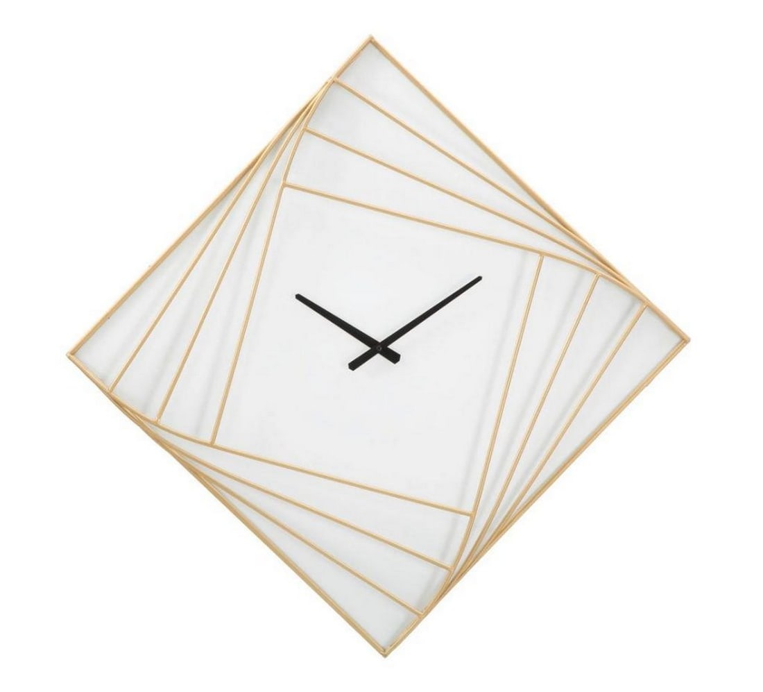 Contemporary Golden Wall Clock: Contemporary Golden Wall Clock An elegant square wall clock crafted from golden metal and plastic, featuring a geometric design with hypnotic lines that form a subtle optical illusion. Its sleek, mode