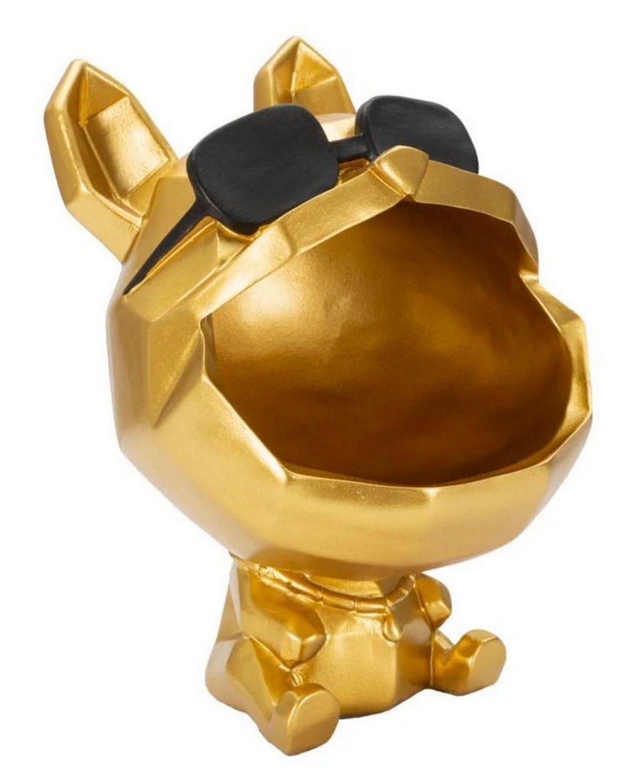 Golden Dog Statue with Sunglasses – Modern Decorative Accent and Object Holder: Golden Dog Statue with Sunglasses – Modern Decorative Accent and Object Holder A playful dog figurine with sunglasses, designed in a charming, cartoon-inspired style. The open mouth serves as a conv