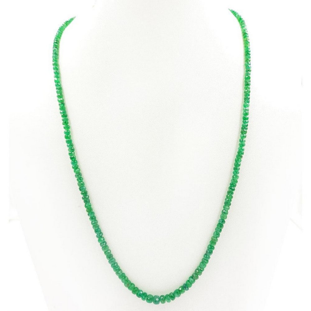 Single Strand Large Faceted Emerald Beads 18.2" Necklace: Single Strand Large Faceted Emerald Beads 18.2" Necklace Bead Diameter: 2.8mm - 5.5mm Length of Necklace: 18.2" Weight in Carats: 58.99 View Photos For Further Details