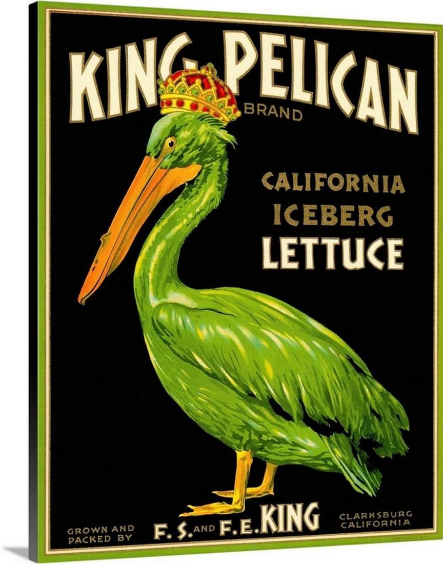 King Pelican Brand Lettuce Vintage Wall Art Canvas Print: King Pelican Brand Lettuce Vintage Wall Art Canvas Print The "King Pelican Brand Lettuce" print reflects the charm and bold design of early 20th-century produce crate labels, celebrating a