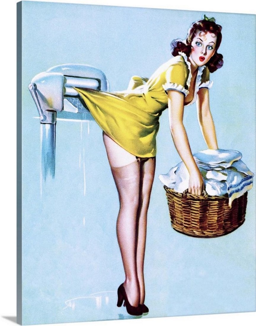 Laundry Pin Up Girl Vintage Canvas Print: Laundry Pin Up Girl Vintage Canvas Print This vintage 1950s illustration, "Laundry Pin Up Girl," depicts a playful scene of a young woman doing laundry, her skirt caught in rollers. Full of ch