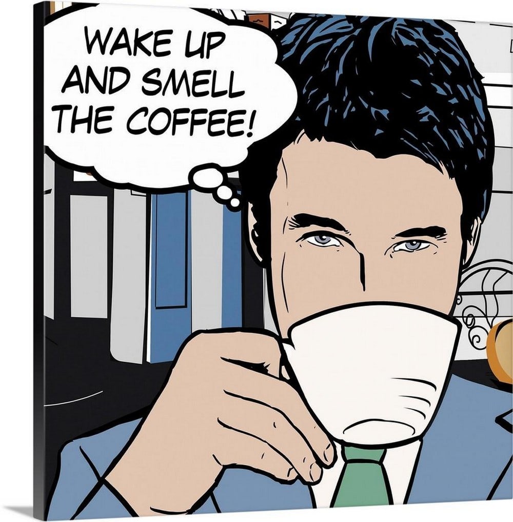 Java Comic I Mini Pop Art Canvas Reproduction by David Fischer: Java Comic I Mini Pop Art Canvas Reproduction by David Fischer "Java Comic I Mini" is a pop art-style decor piece featuring a man drinking coffee, with a thought bubble emerging from his head.