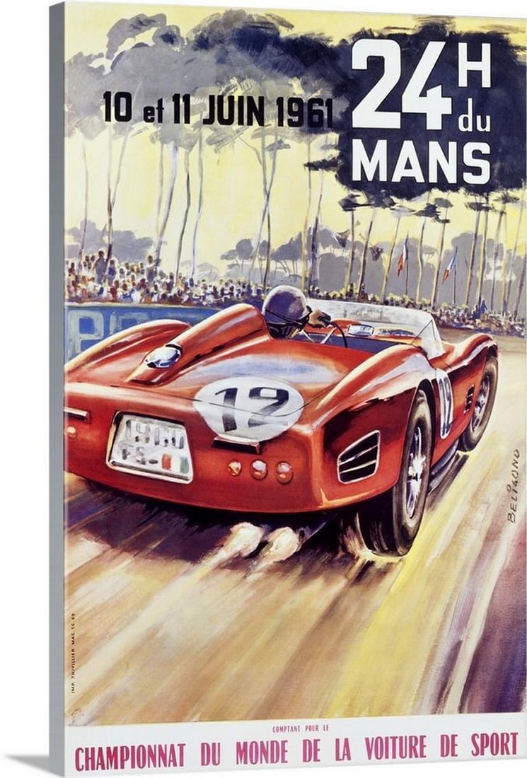 24 H du Mans Championnat Du Monde Vintage Canvas Reproduction Wall Art: 24 H du Mans Championnat Du Monde Vintage Canvas Reproduction Wall Art This giant antique advertising poster for a car racing world championship features a high-speed automobile racing around a track,