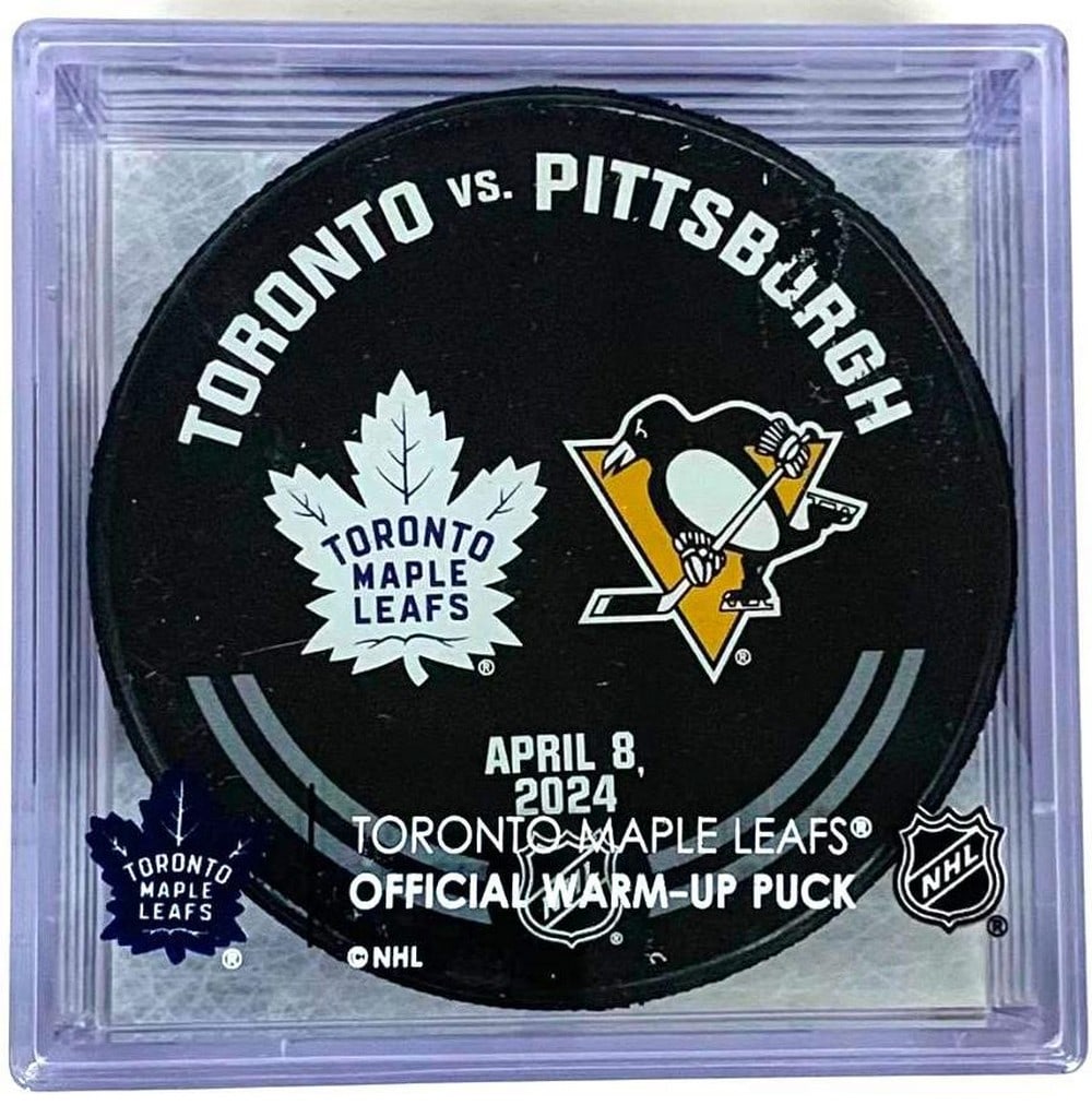Toronto Maple Leafs Vs Pittsburgh Penguins Authentic Warm-Up Used Cubed Puck: Toronto Maple Leafs Vs Pittsburgh Penguins Authentic Warm-Up Used Cubed Puck. This official warm-up puck was used on April 8th 2024, where Auston Matthews scored his 65th goal of the season before