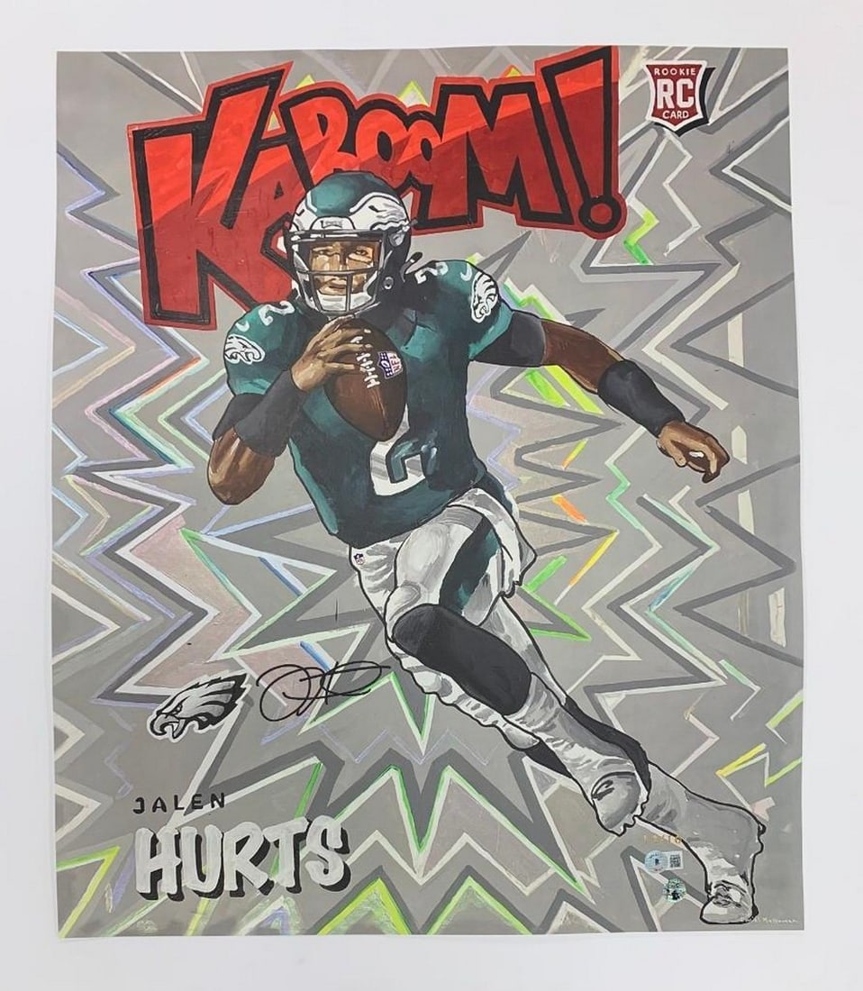 Jalen Hurts Print With Signature Kaboom Rookie Card- Gold Limited Edition: Authentic Jalen Hurts Print With Signature Kaboom Rookie Card Gold Limited Edition, 10 of 10 Beckett COA - 20" x 24" Art. This Is An Authentic Jalen Hurts Autographed Piece of Art Featuring T