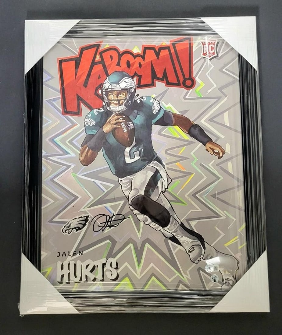 Jalen Hurts Signed Kaboom 3/10 Gold Ed. Beckett COA - 16" x 20" Art, Framed: Authentic Jalen Hurts With Signature Kaboom Gold With Black Frame Edition 3 of 10 Beckett COA - 16" x 20" Art. Up For Auction Is An Authentic Jalen Hurts Autographed Piece of Art Featuring The