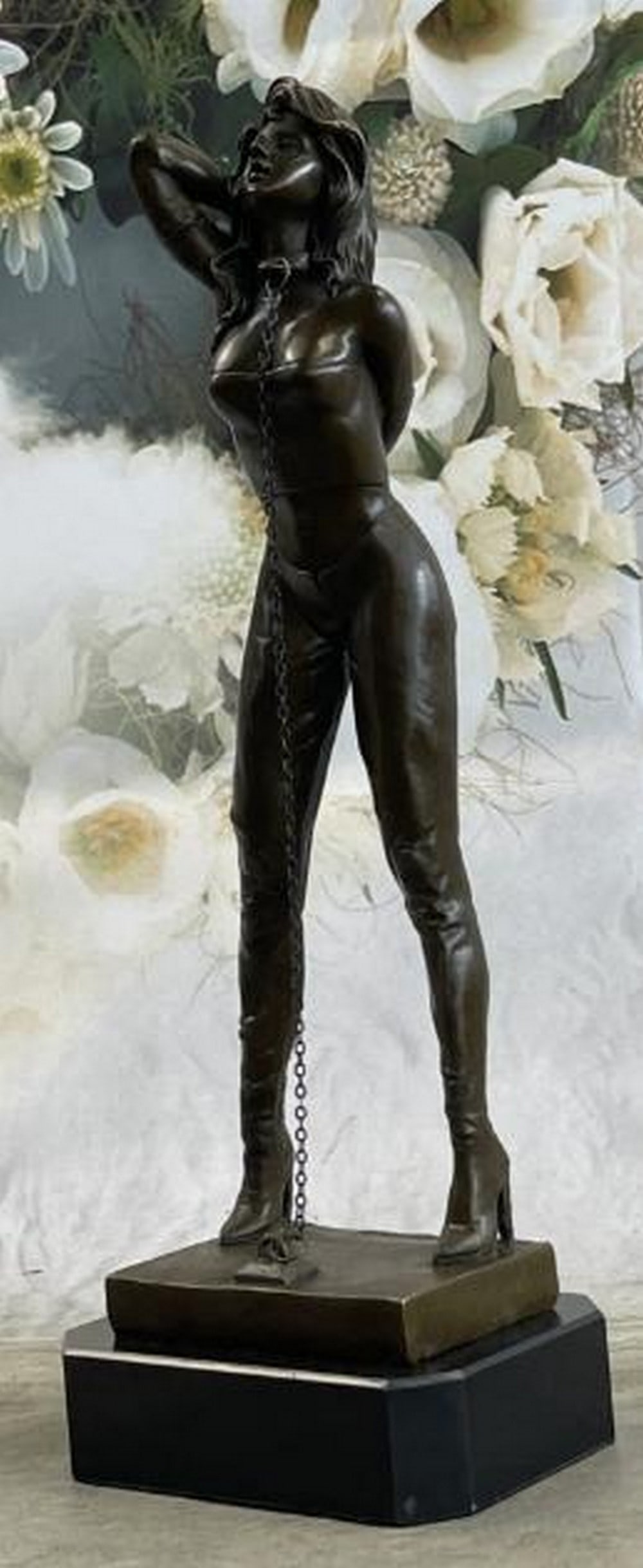 Chain Choker Bondage Girl Bronze Sculpture - 13.5" x 5": Chain Choker Bondage Girl Bronze Sculpture - 13.5" x 5" Dimensions Bronze Dimensions with Marble Base: Height 13.5" X Width 5" Marble Dimensions:5" X 4" Heigh