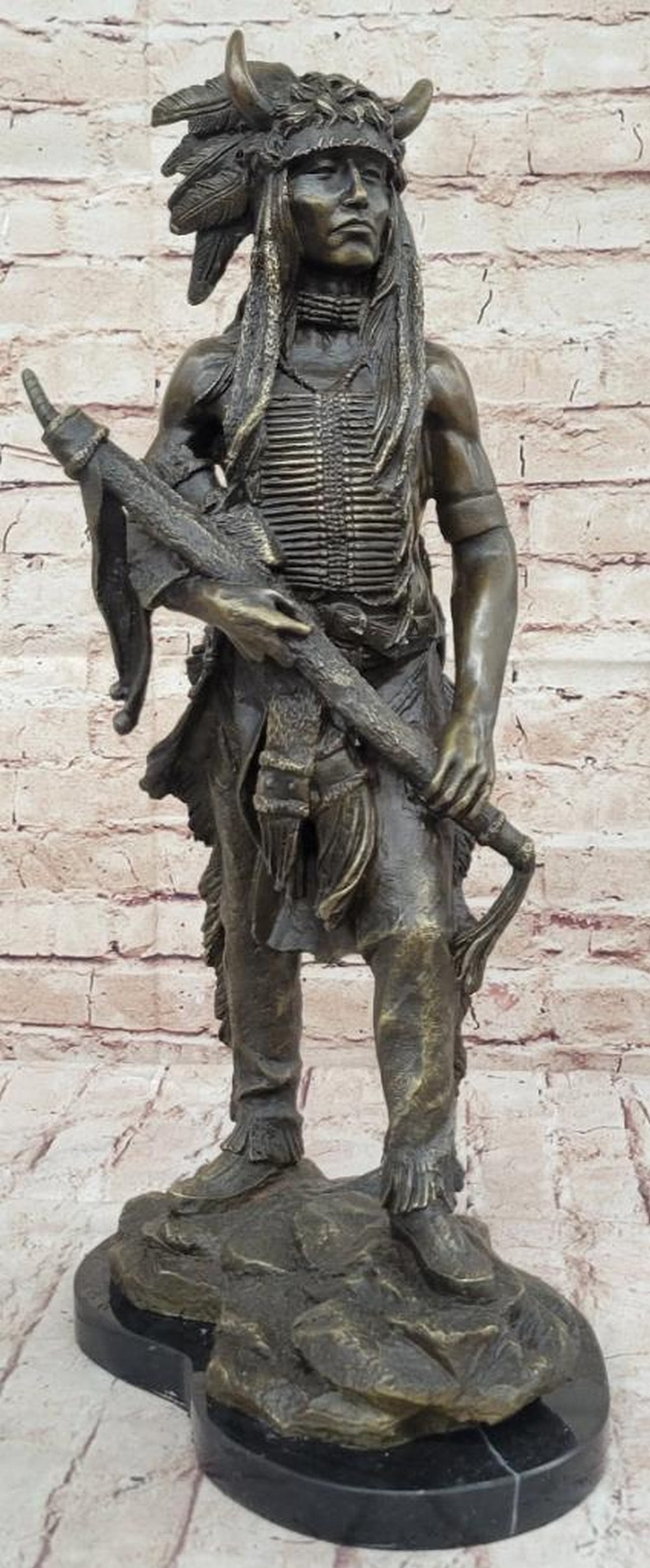 Native America Warrior Dressed in Buckskin Regalia Inspired Bronze Statue - 20" x 10" (1 of 7)