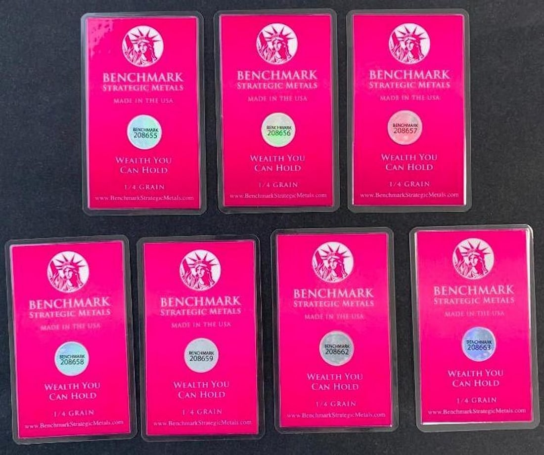 Lot of Seven Benchmark 1/4 Grain .999 Fine Gold Bars in COA Cards (1 of 7)