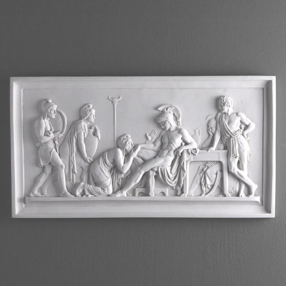 Priam Pleads on Achilles Bas-Relief - (7.7lbs): Priam Pleads on Achilles Bas-Relief - (7.7lbs) Introducing our "Priam Pleads on Achilles Bas-Relief"—a poignant portrayal inspired by the iconic sculptor Bertel Thorvaldsen. This classic wal