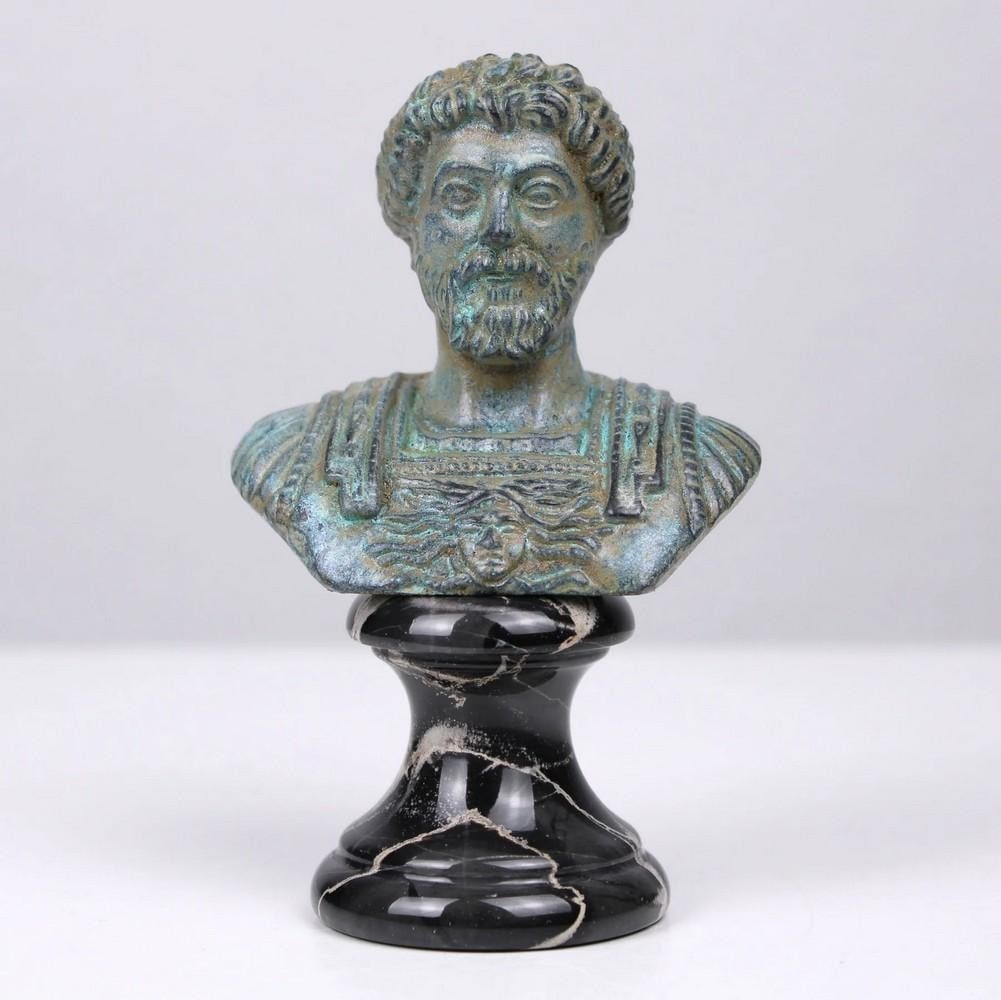 Marcus Aurelius Bust Bronze Sculpture with Green Patina - (1.1lbs): Marcus Aurelius Bust Bronze Sculpture with Green Patina - (1.1lbs) A finely detailed reduction of the marble original from the Saint-Raymond Museum, this bust depicts Marcus Aurelius in military
