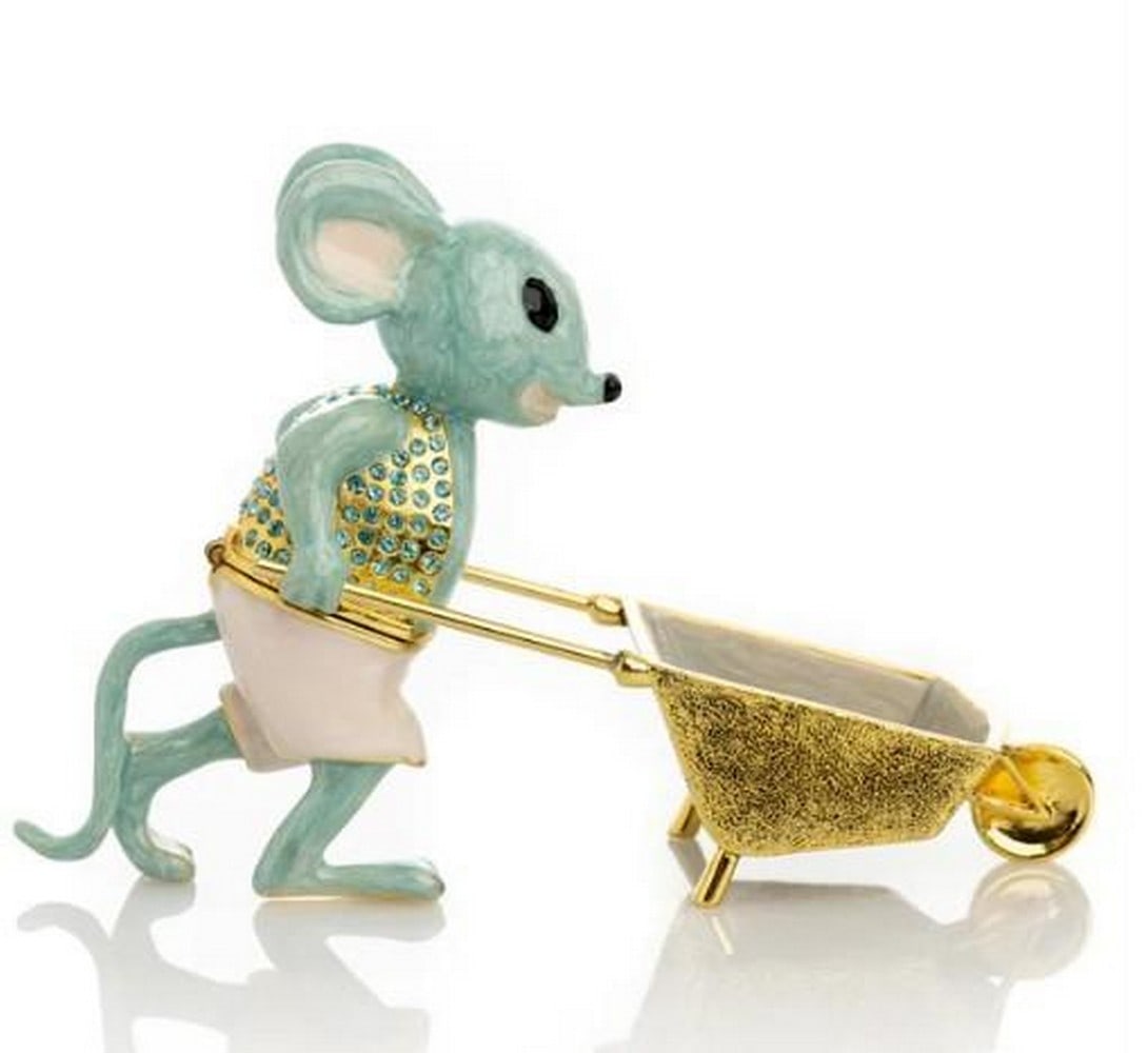 Garden Mouse Keepsake Box: Garden Mouse Keepsake Box Full of charm and character, this delightful trinket box features a tiny mouse pushing a wheelbarrow, captured in intricate detail. With a whimsical pose and hand-painted