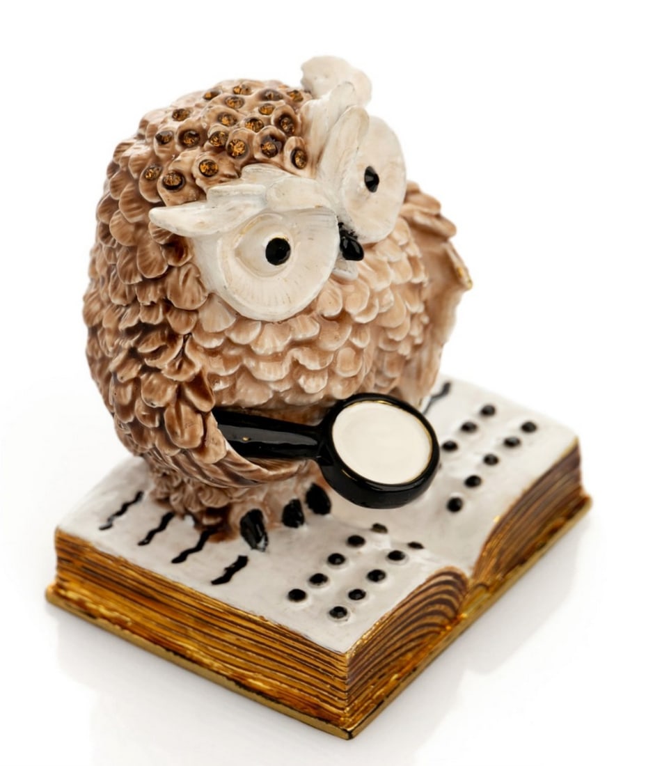 Owl Ready to Read Trinket Box: Owl Ready to Read Trinket Box Open the lid to reveal a hidden compartment, perfectly sized to store your favorite trinkets, jewelry, or small keepsakes. Whether displayed on a bookshelf, bedside