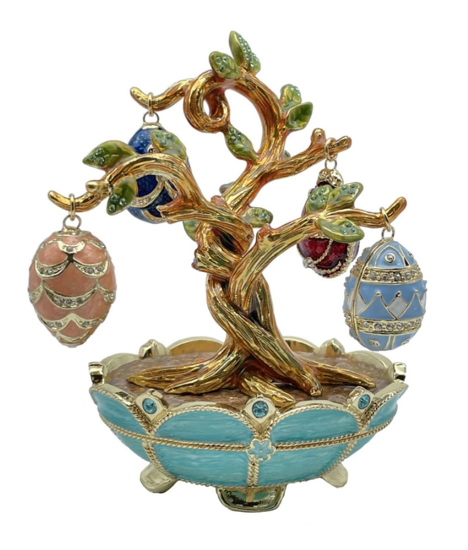 STUNNING FABERGE TREE WITH 4 COLOURFUL EGGS: Stunning Faberge Tree with 4 Colourful Eggs. Hand painted Faberge tree with outstretched branches, on a beautiful robin's egg blue base and 4 small eggs hanging off the branches. -Plated