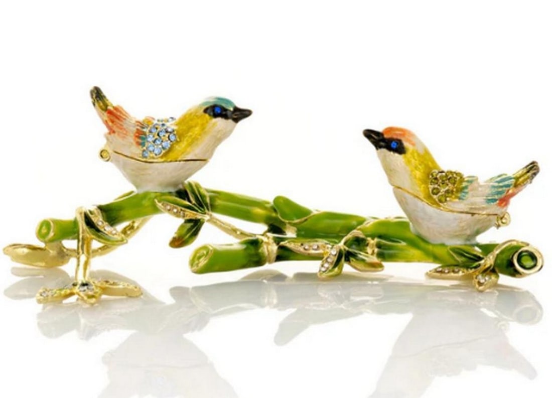 Two Birds on a Bamboo Branch Trinket Box: Two Birds on a Bamboo Branch Trinket Box Doves, hummingbirds, and small songbirds often symbolize peace, love, and tranquility in art, while their collective presence can reflect human