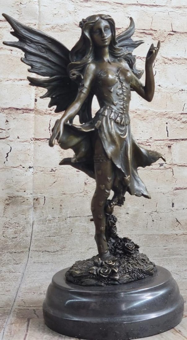Original Handmade Bronze Sculpture Of A Mythical Fairy On Marble Base - 12" x 7": Original Handmade Bronze Sculpture Of A Mythical Fairy On Marble Base - 12" x 7" Enchanting daydreamers will be captivated by this mesmerizing sculpture of a daydreaming fairy. Overflowing wi
