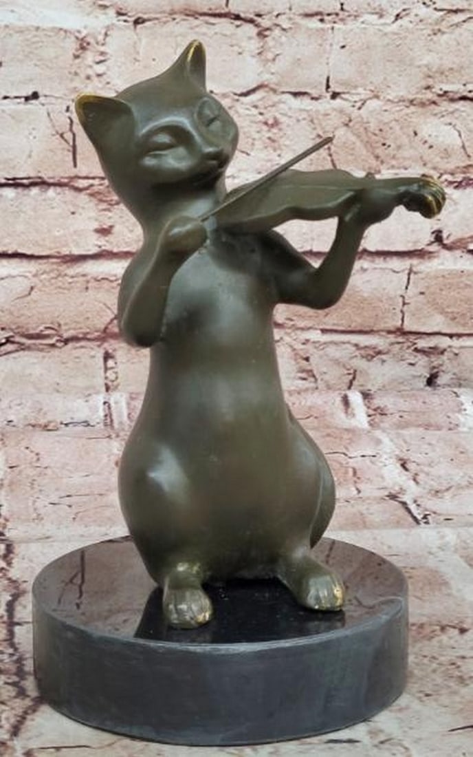 Melodic Whimsy: Bronze Cat Playing Violin: Melodic Whimsy: Bronze Cat Playing Violin Charming and imaginative, this whimsical bronze sculpture features a playful cat standing upright and serenading with a violin. Full of personality and artis